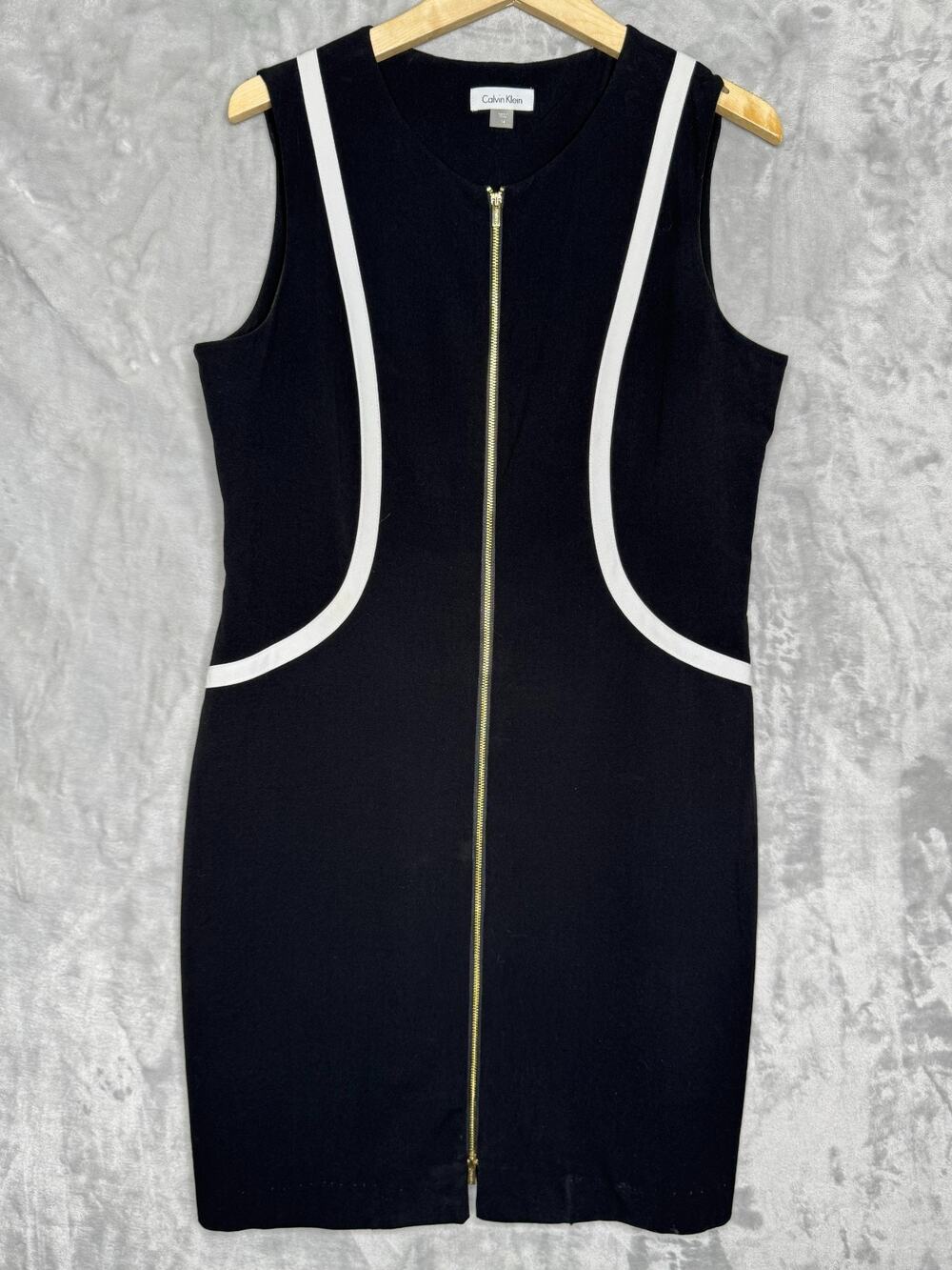 Calvin Klein Dress Womens 14 Black Sheath White Illusion Piping Sleeveless Work